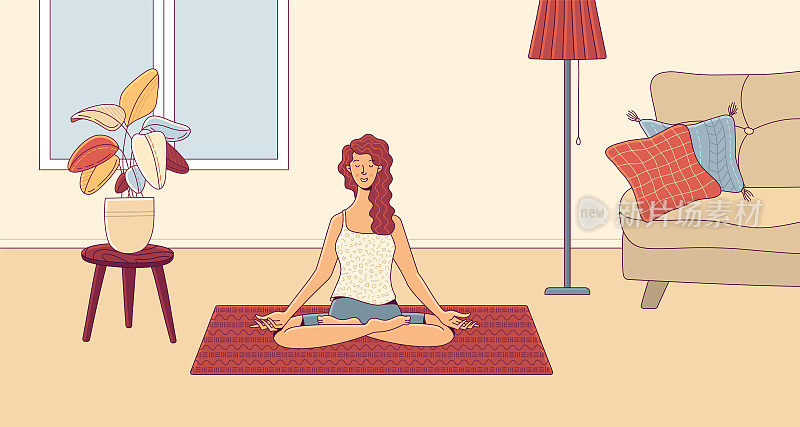Cheerful woman meditating in lotus position on mat in room
